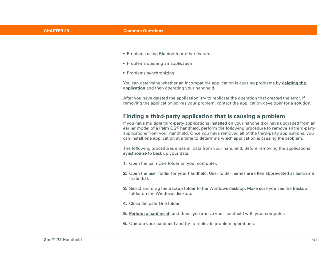 Palm Zire 72 manual Finding a third-party application that is causing a problem 