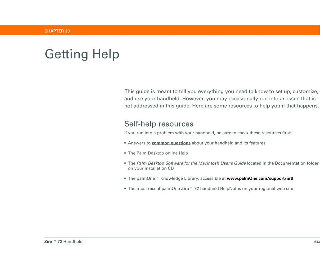 Palm Zire 72 manual Getting Help, Self-help resources 