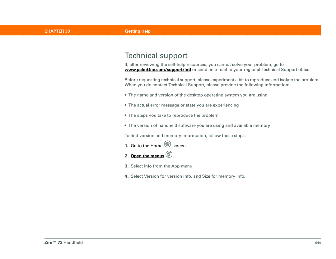 Palm Zire 72 manual Technical support 