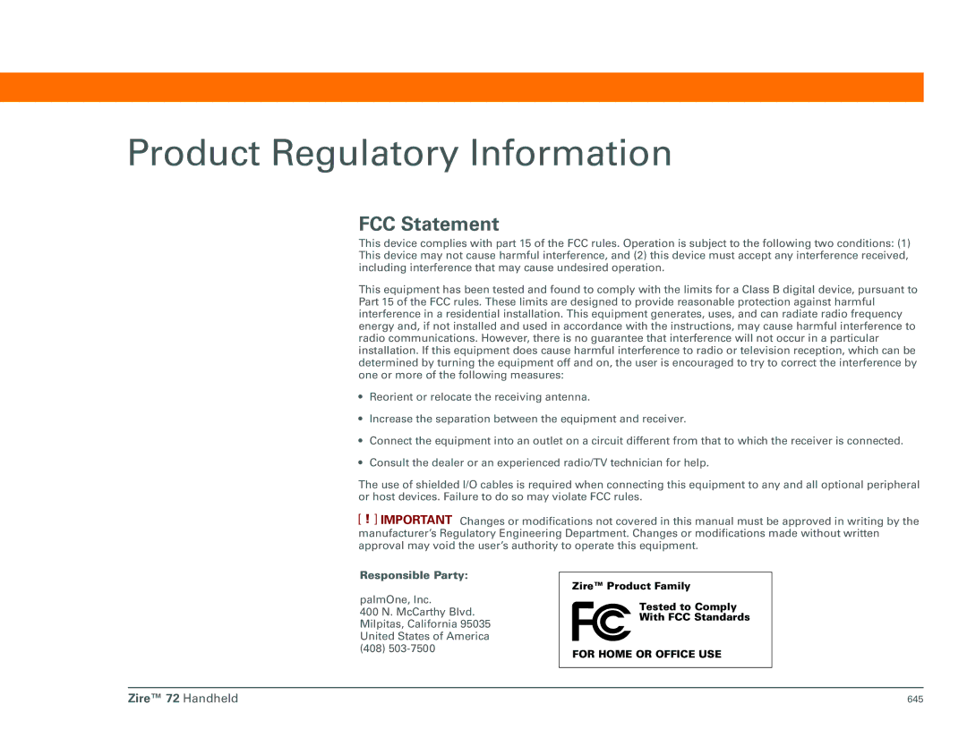 Palm Zire 72 manual Product Regulatory Information, FCC Statement 