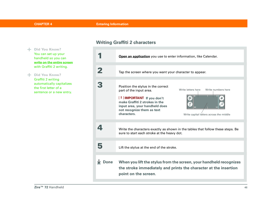Palm Zire 72 manual Writing Graffiti 2 characters, Write on the entire screen 