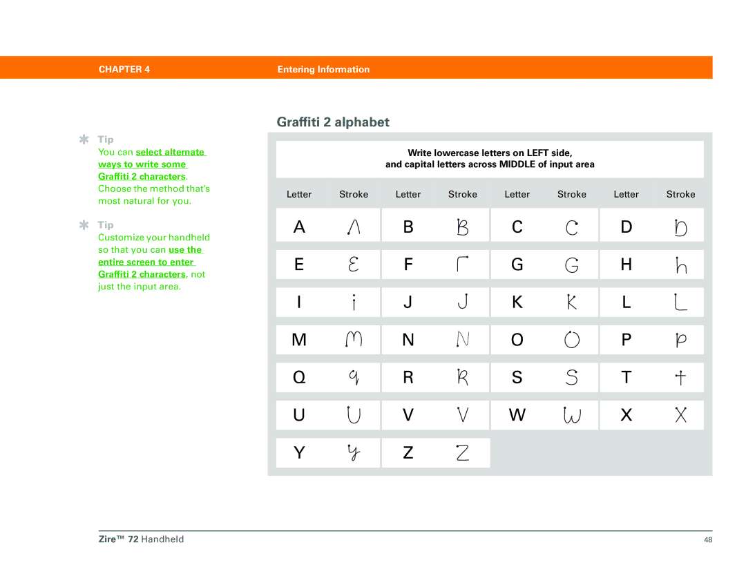 Palm Zire 72 manual Graffiti 2 alphabet, Entire screen to enter Graffiti 2 characters, not 