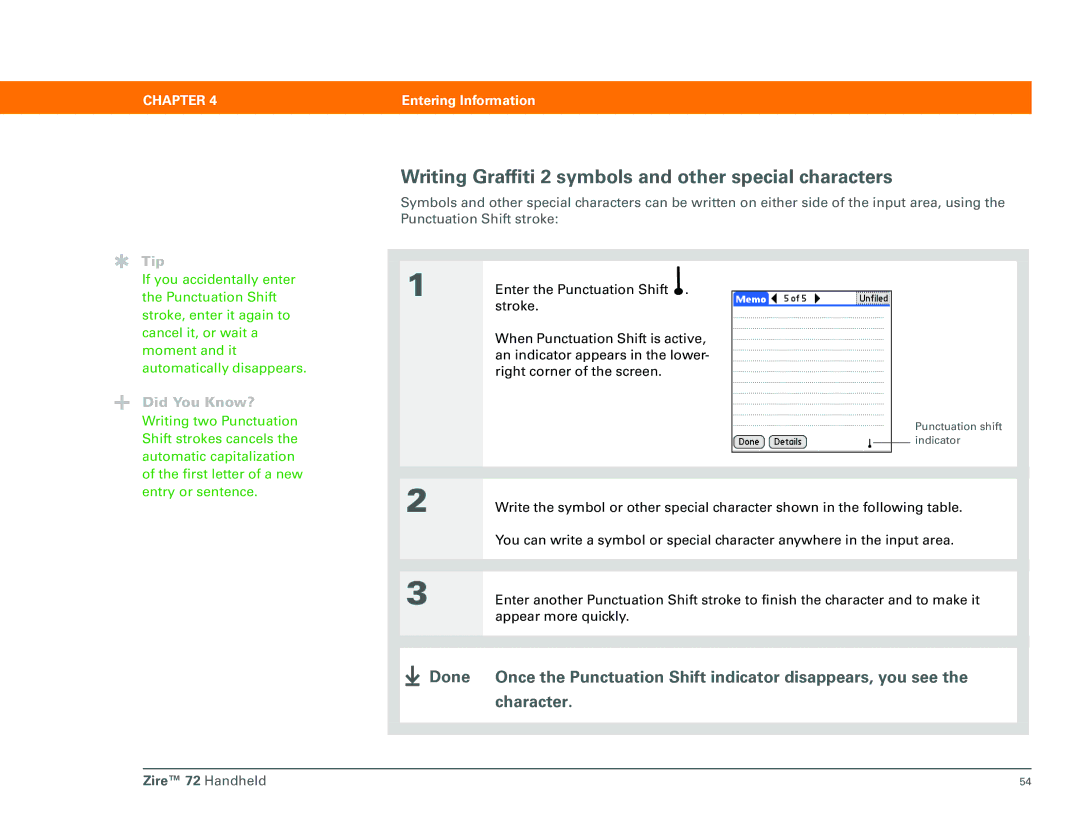 Palm Zire 72 manual Writing Graffiti 2 symbols and other special characters 