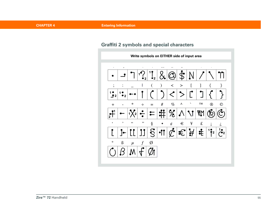 Palm Zire 72 manual Graffiti 2 symbols and special characters 