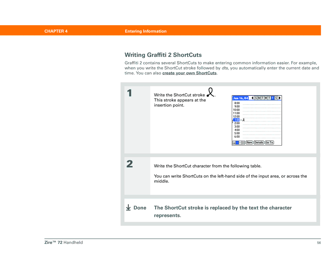 Palm Zire 72 manual Writing Graffiti 2 ShortCuts 