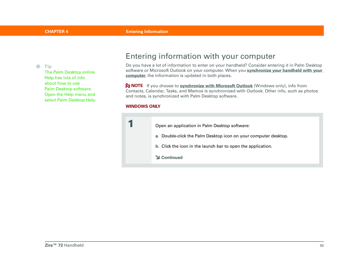 Palm Zire 72 manual Entering information with your computer 