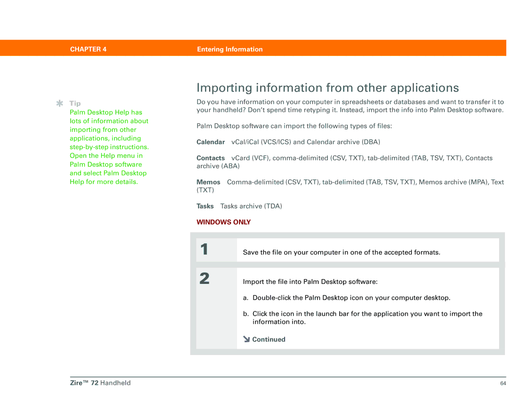 Palm Zire 72 manual Importing information from other applications 