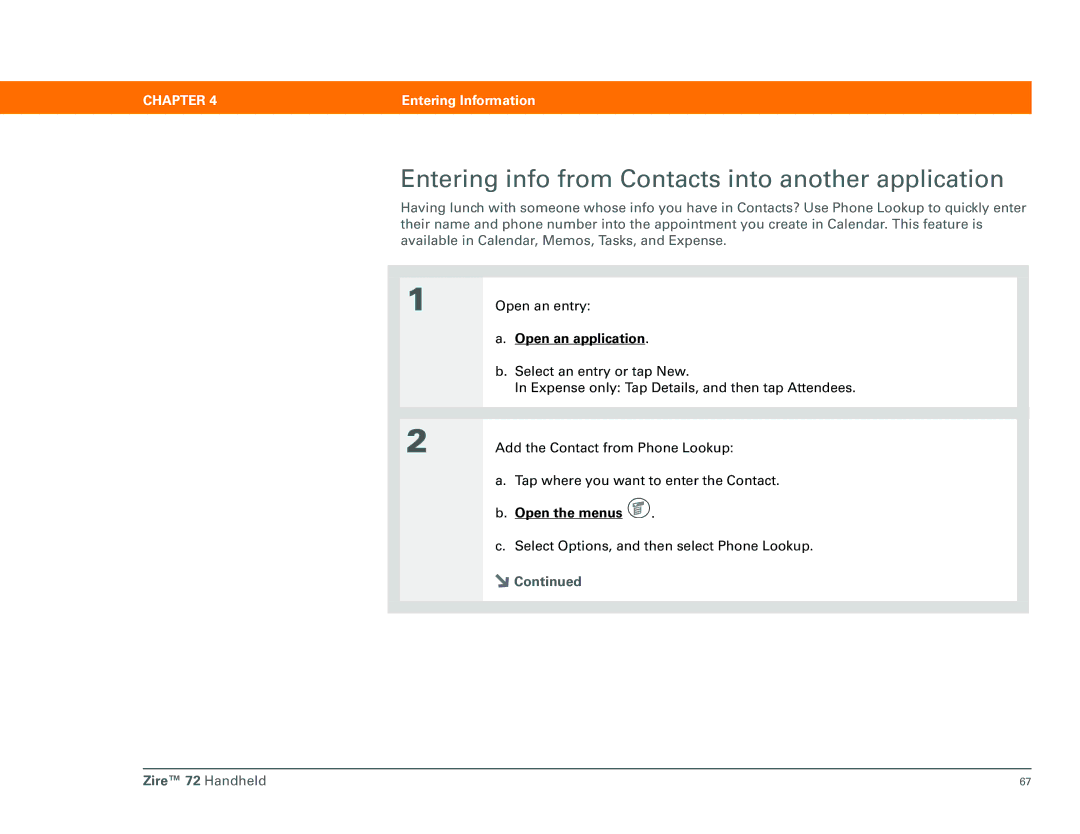 Palm Zire 72 manual Entering info from Contacts into another application 