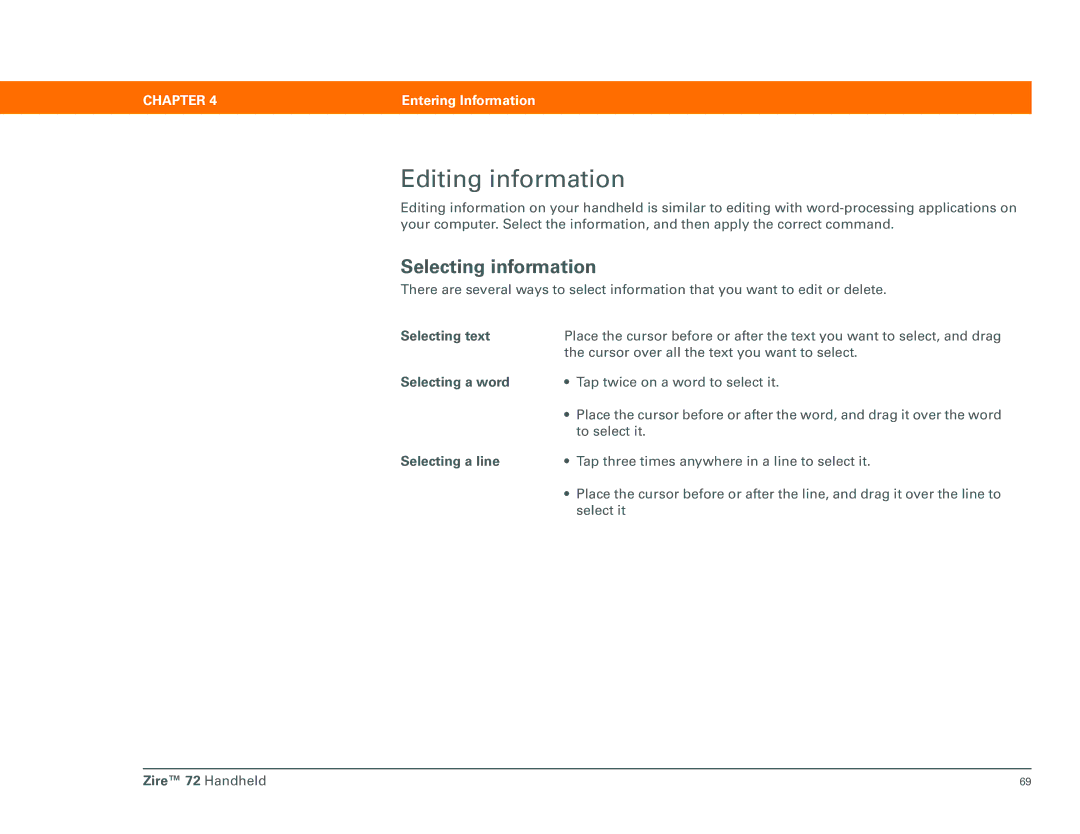 Palm Zire 72 manual Editing information, Selecting information, Selecting text, Selecting a word, Selecting a line 