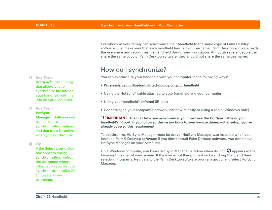 Palm Zire 72 manual How do I synchronize?, HotSync, Wirelessly using Bluetooth technology on your handheld 