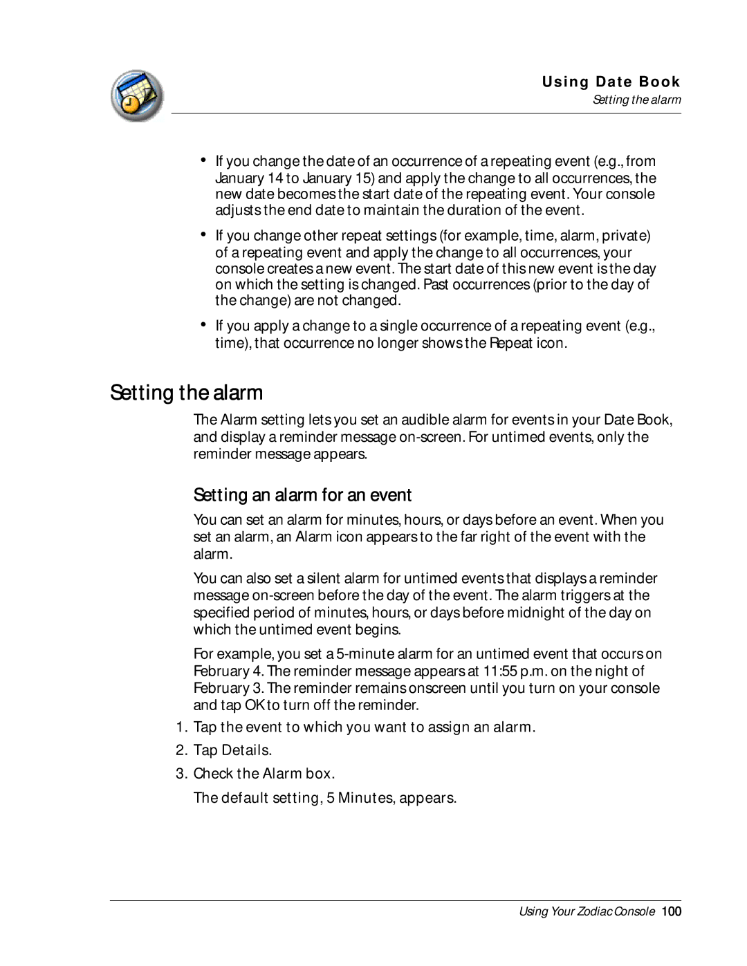 Palm Zodiac manual Setting the alarm, Setting an alarm for an event 