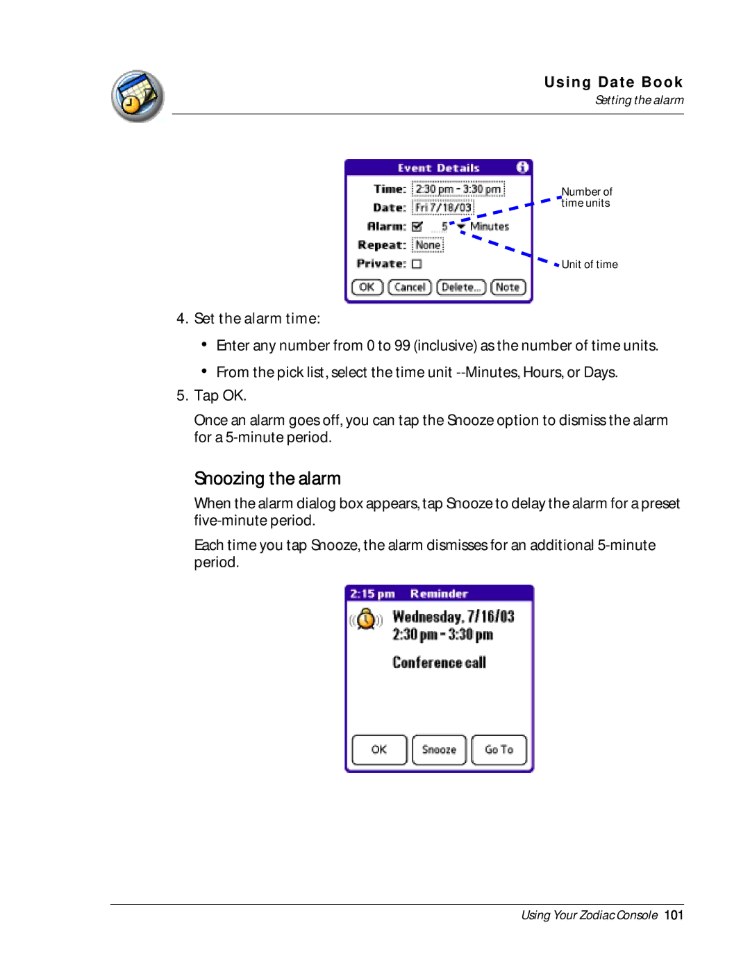 Palm Zodiac manual Snoozing the alarm 