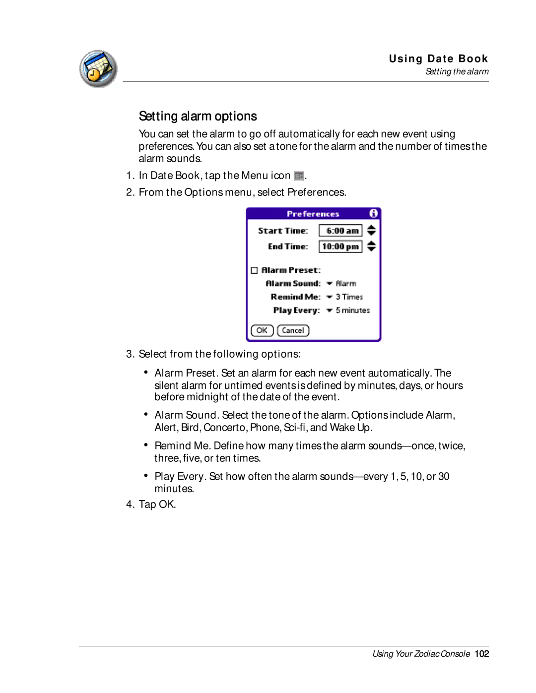 Palm Zodiac manual Setting alarm options 