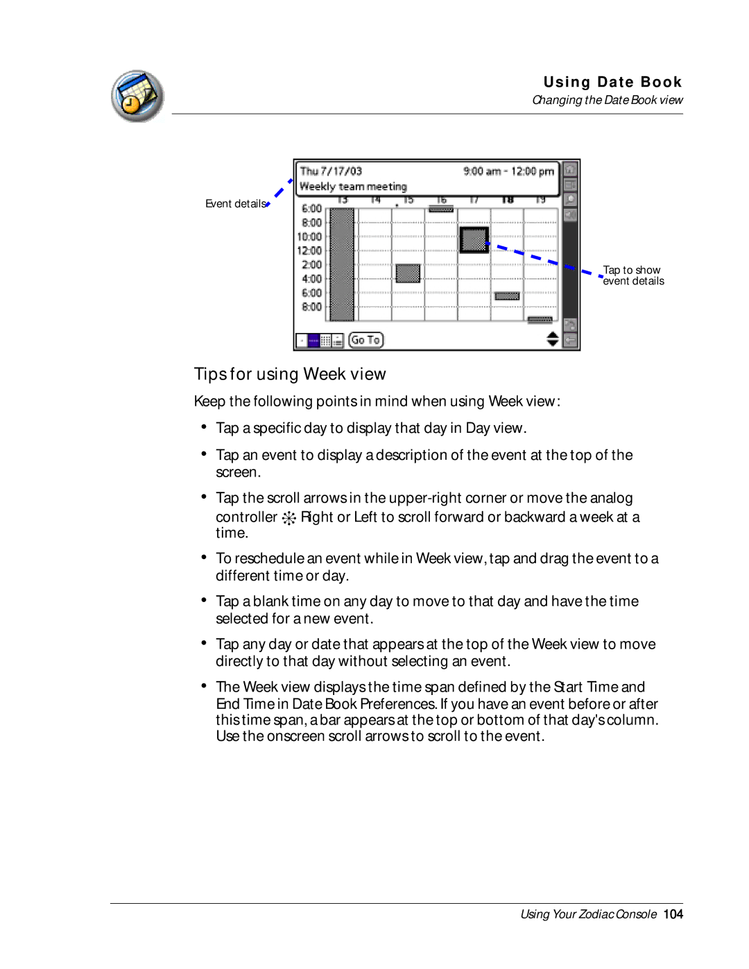 Palm Zodiac manual Tips for using Week view 