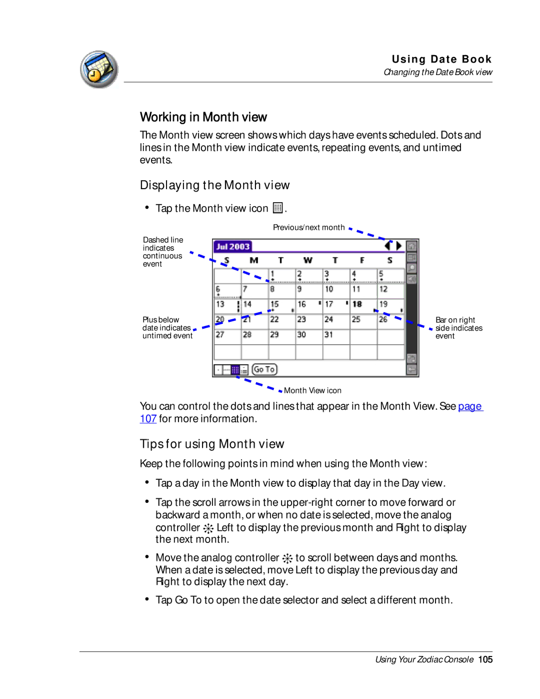 Palm Zodiac manual Working in Month view, Displaying the Month view 