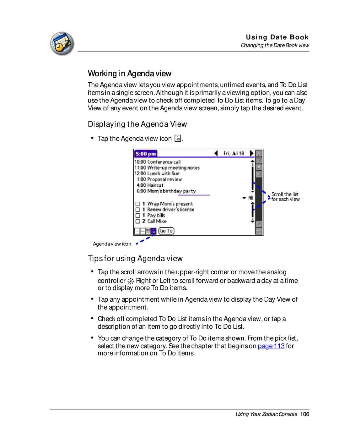 Palm Zodiac manual Working in Agenda view 