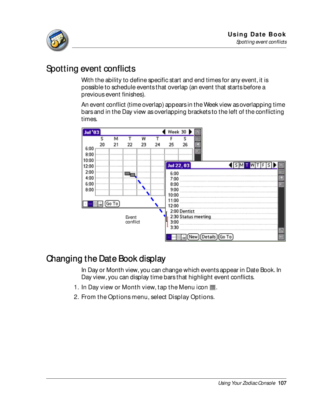 Palm Zodiac manual Spotting event conflicts, Changing the Date Book display 