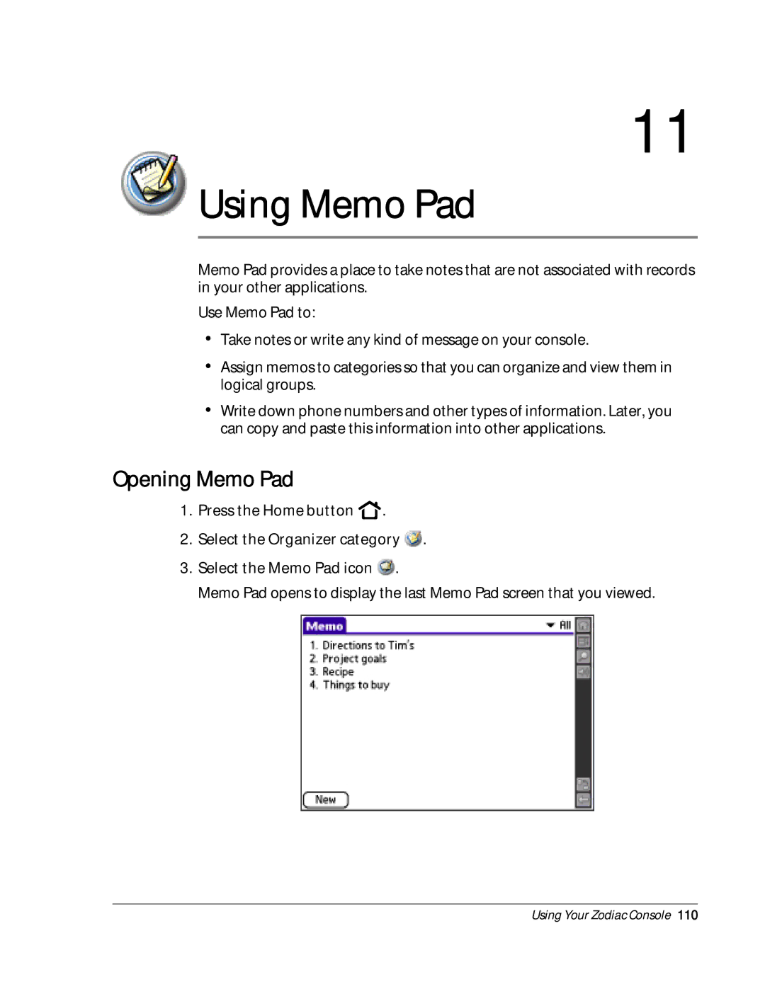 Palm Zodiac manual Using Memo Pad, Opening Memo Pad 