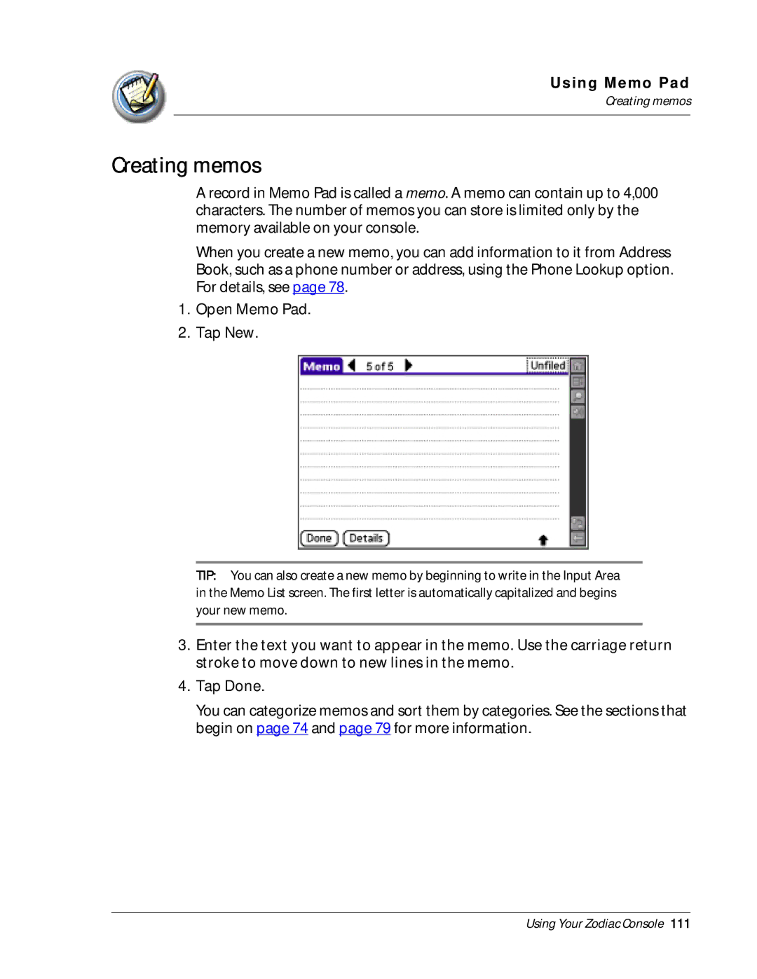 Palm Zodiac manual Creating memos 