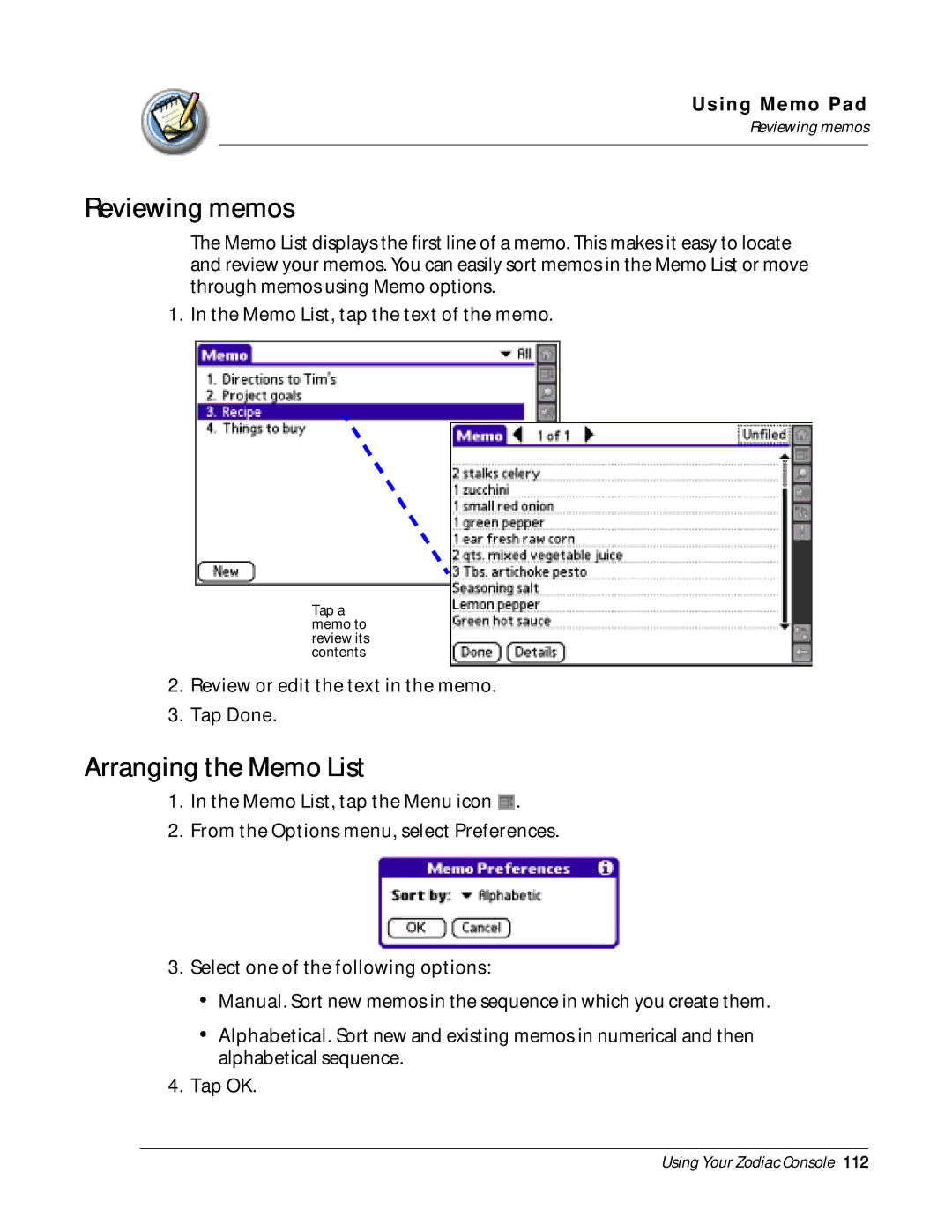 Palm Zodiac manual Reviewing memos, Arranging the Memo List 