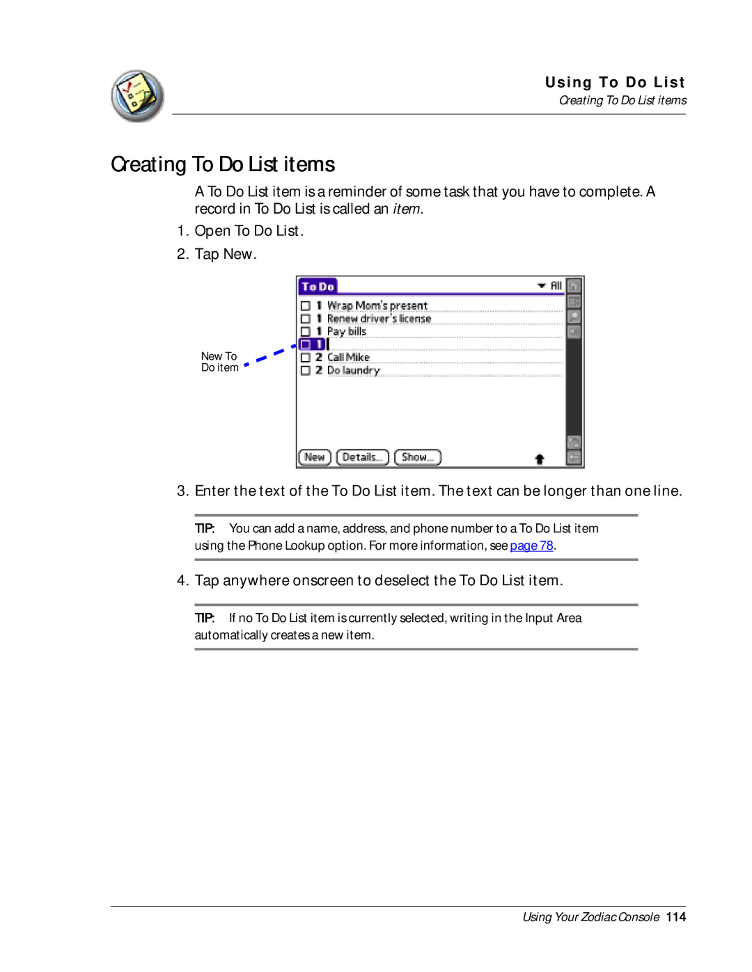 Palm Zodiac manual Creating To Do List items 