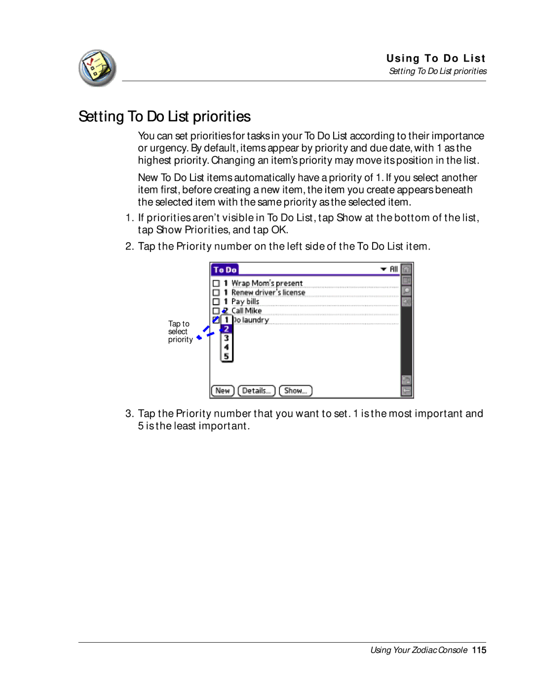 Palm Zodiac manual Setting To Do List priorities 