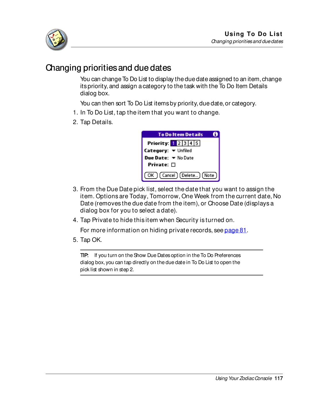 Palm Zodiac manual Changing priorities and due dates 