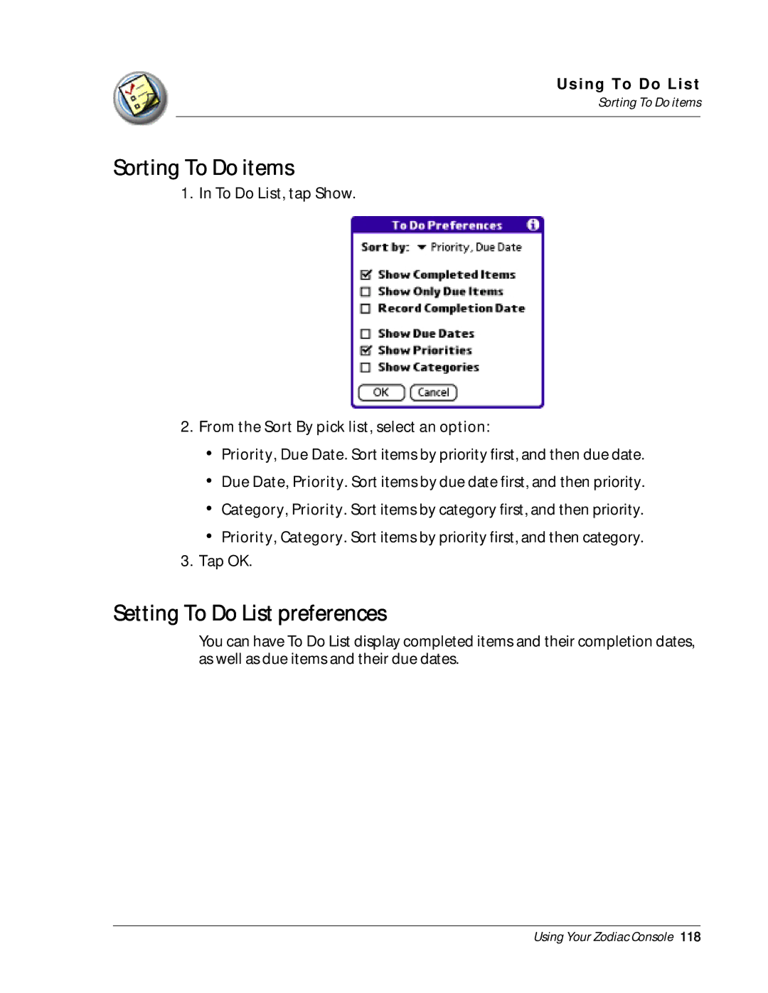 Palm Zodiac manual Sorting To Do items, Setting To Do List preferences 