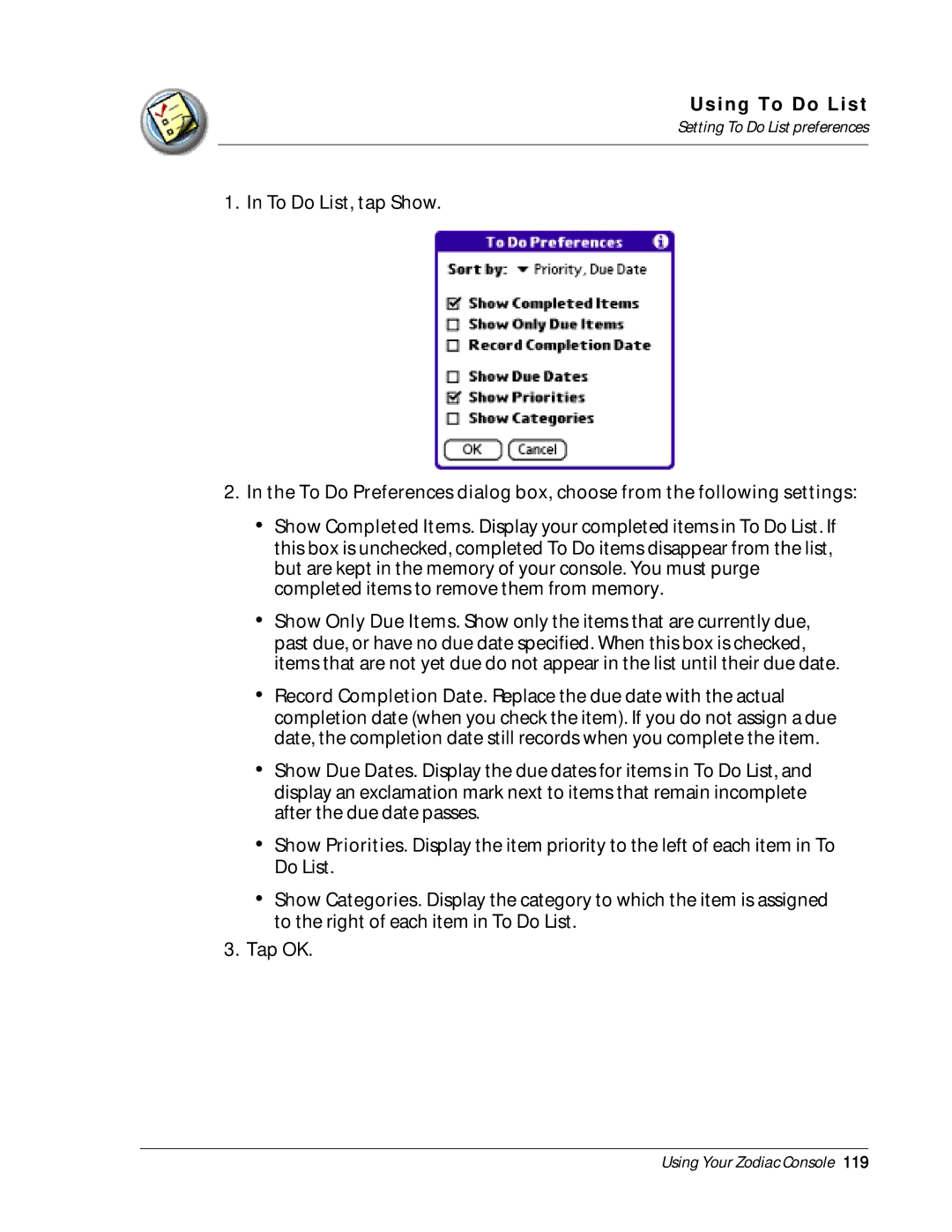 Palm Zodiac manual Setting To Do List preferences 