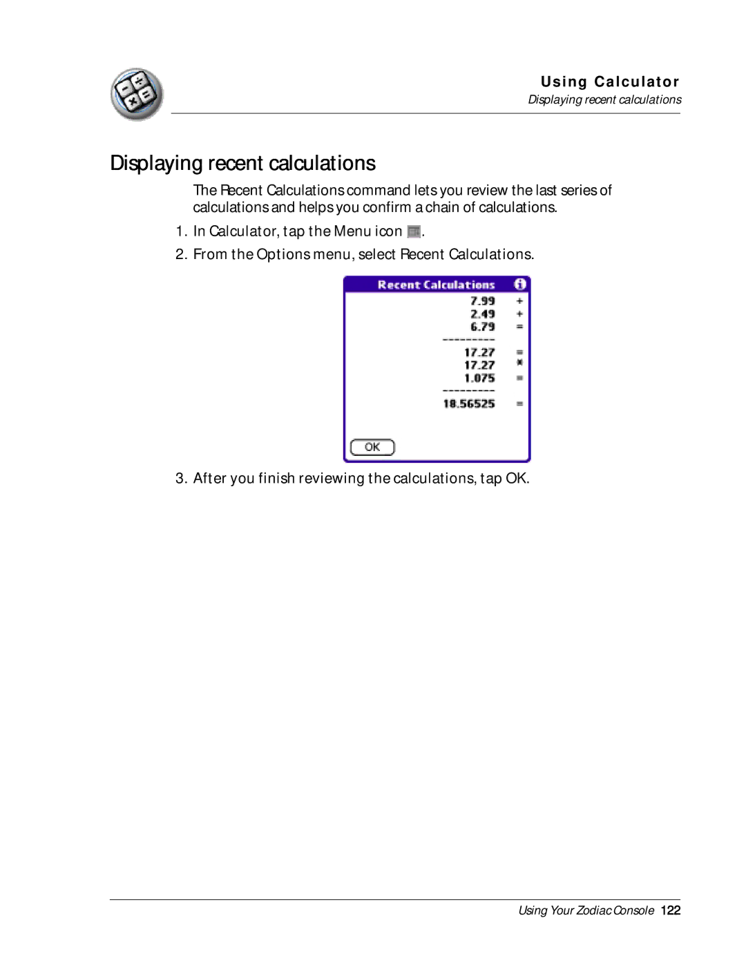 Palm Zodiac manual Displaying recent calculations 