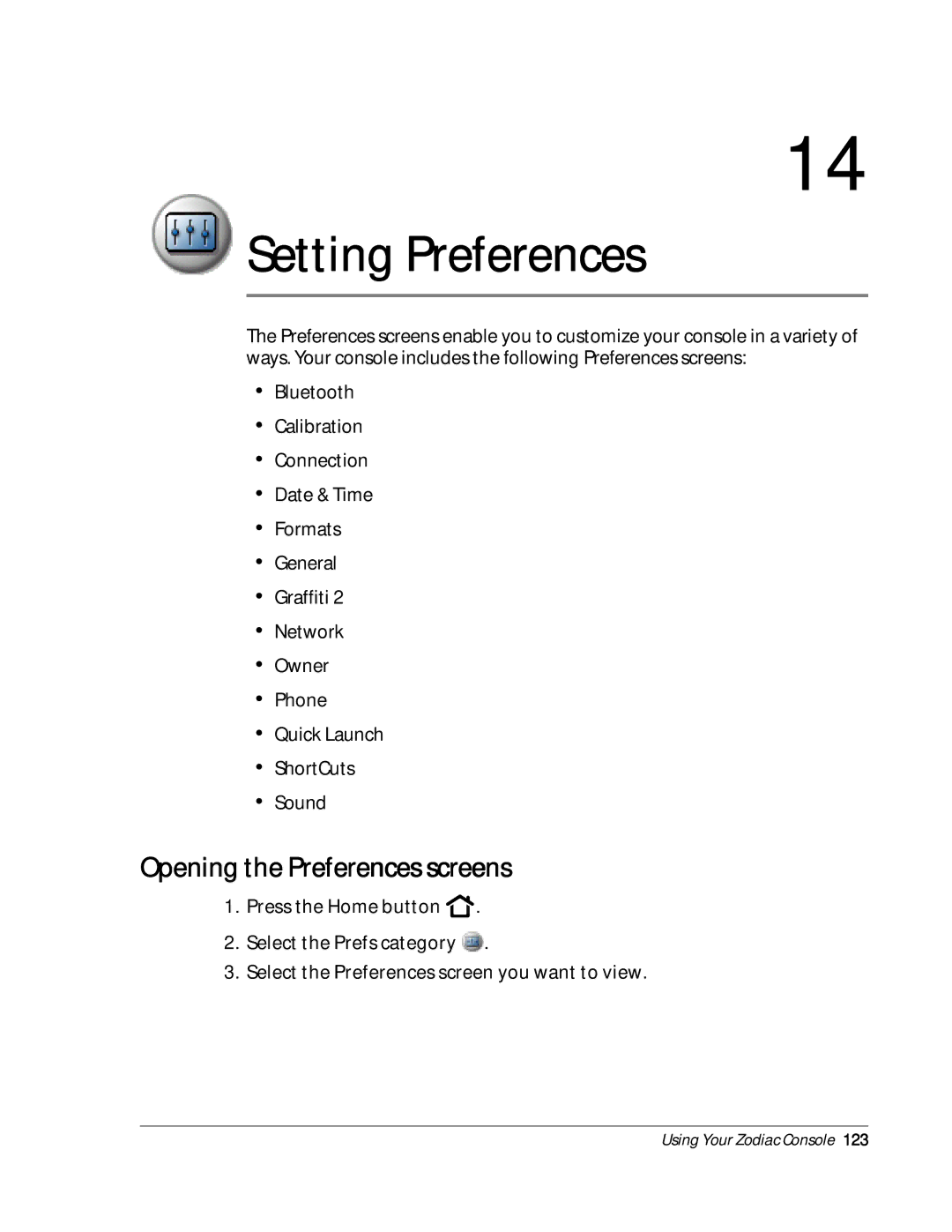 Palm Zodiac manual Setting Preferences, Opening the Preferences screens 