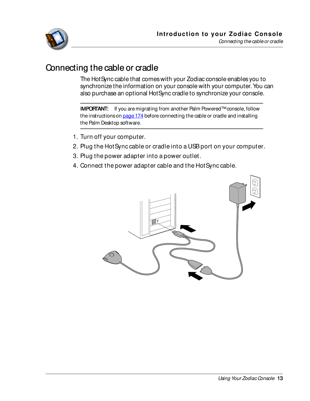 Palm Zodiac manual Connecting the cable or cradle 