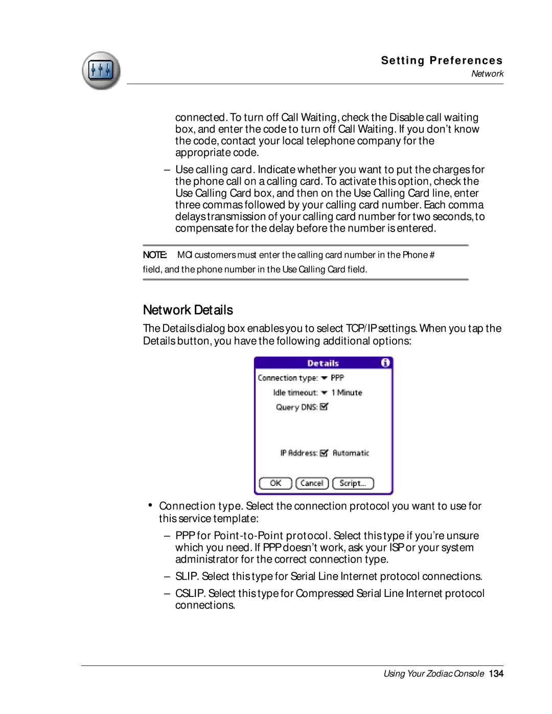 Palm Zodiac manual Network Details 