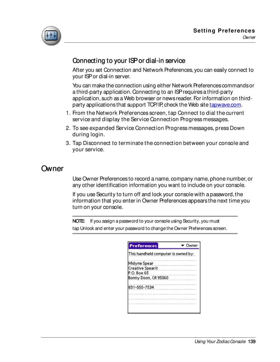 Palm Zodiac manual Owner, Connecting to your ISP or dial-in service 