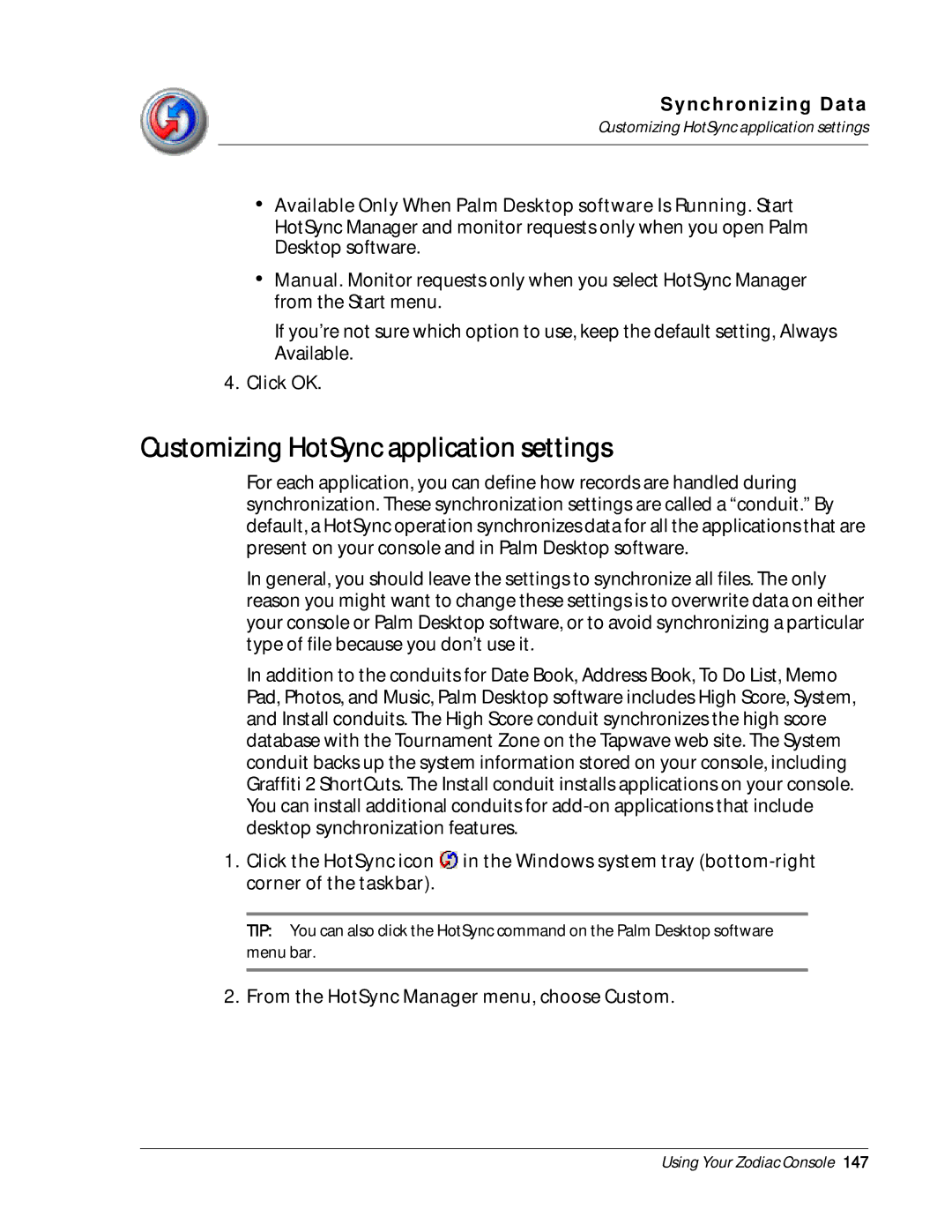 Palm Zodiac manual Customizing HotSync application settings 