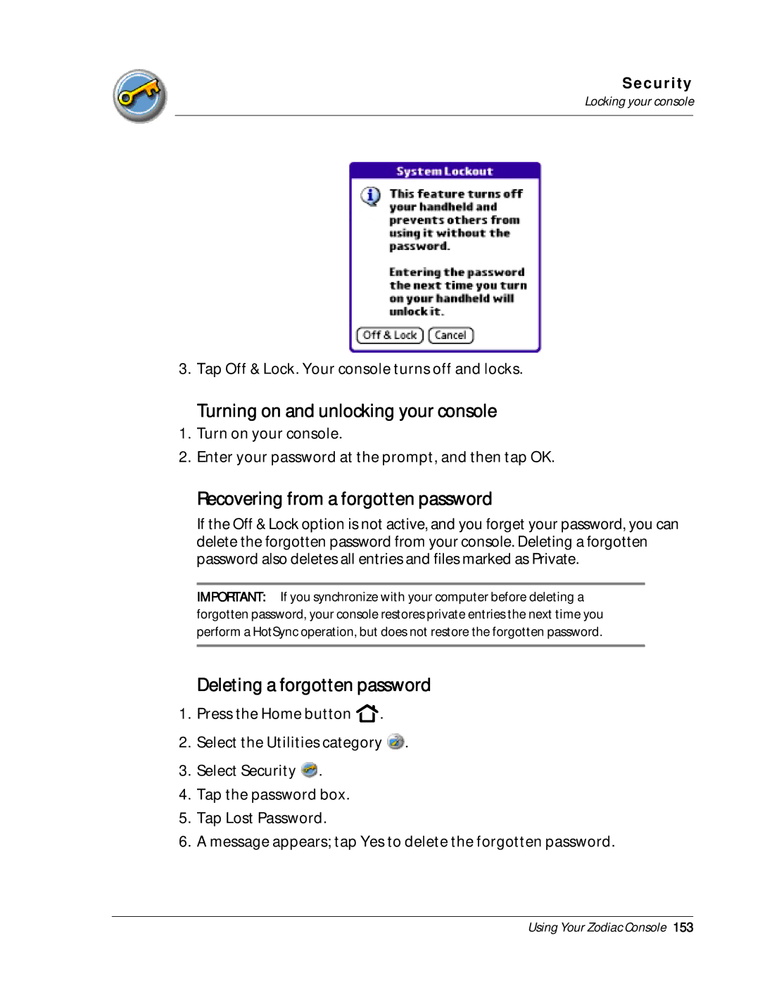 Palm Zodiac Turning on and unlocking your console, Recovering from a forgotten password, Deleting a forgotten password 