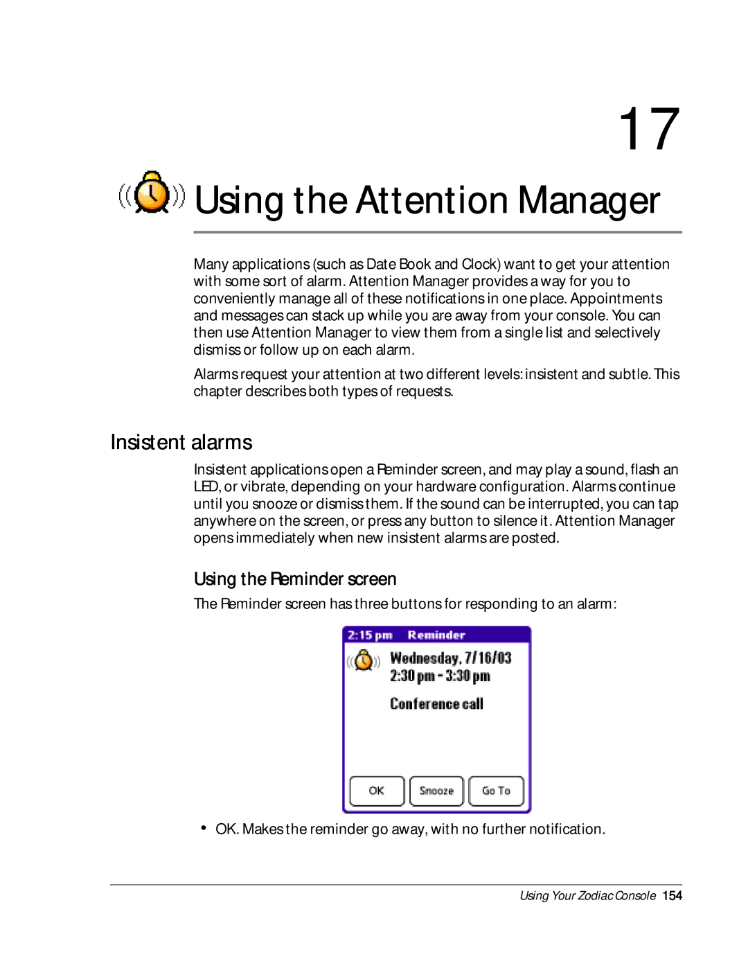 Palm Zodiac manual Insistent alarms, Using the Reminder screen 