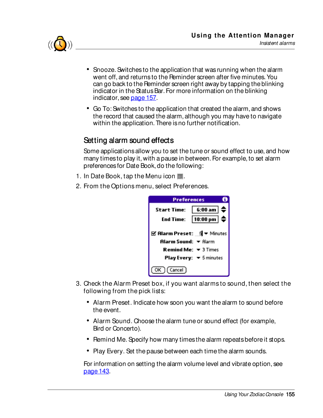 Palm Zodiac manual Setting alarm sound effects, Insistent alarms 