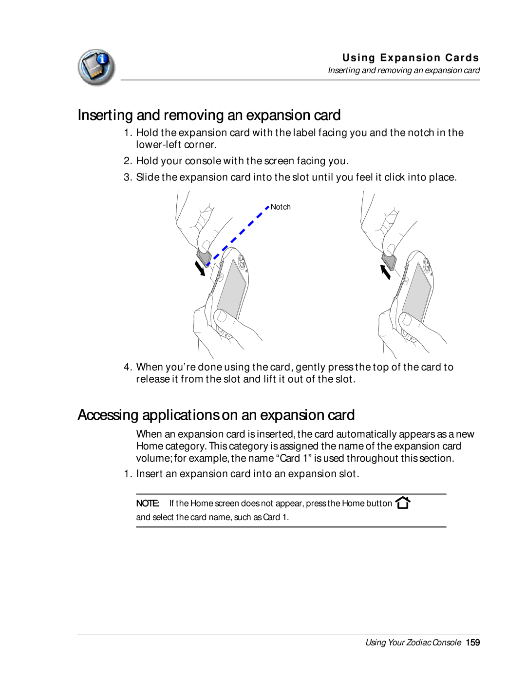 Palm Zodiac manual Inserting and removing an expansion card, Accessing applications on an expansion card 