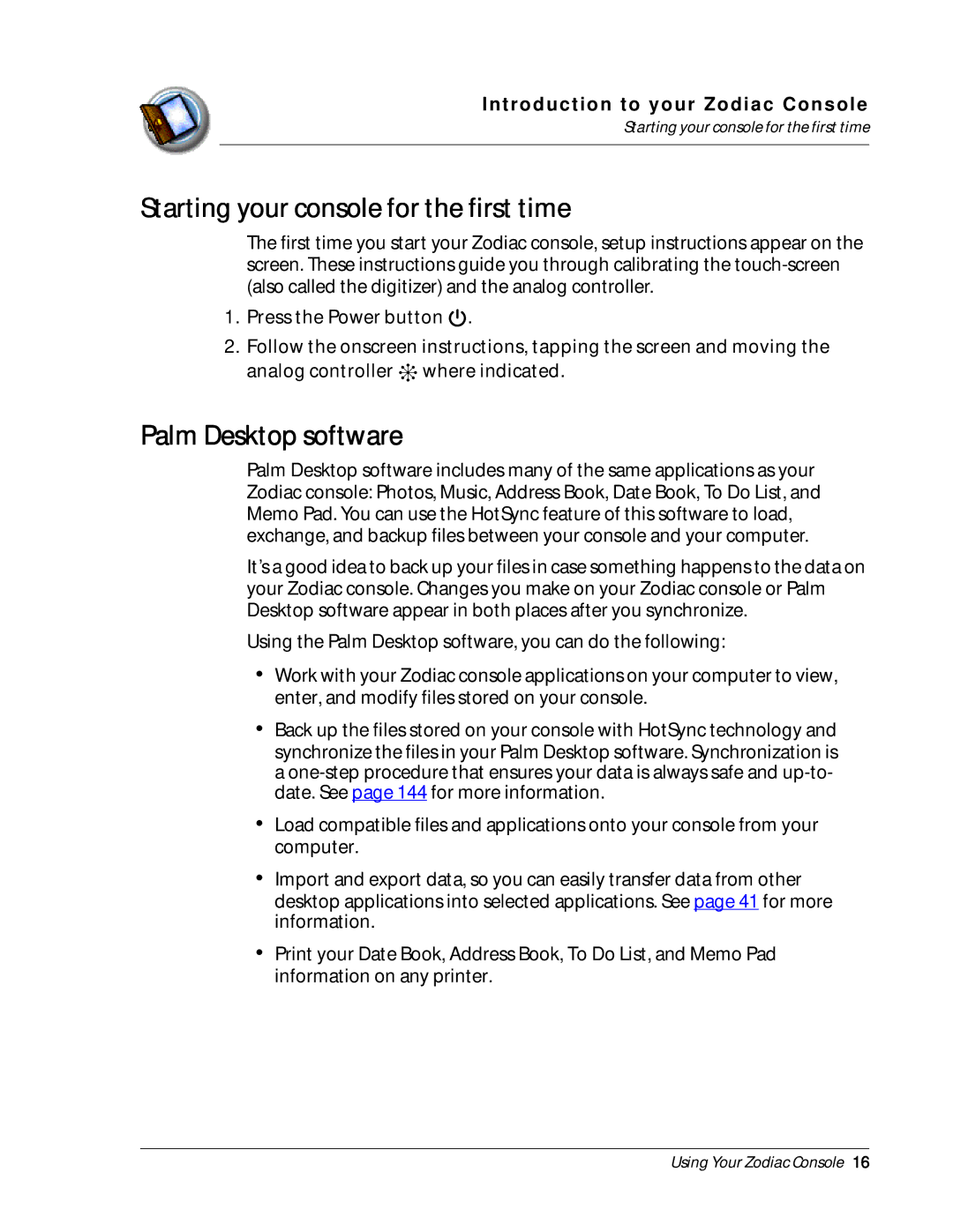Palm Zodiac manual Starting your console for the first time, Palm Desktop software 