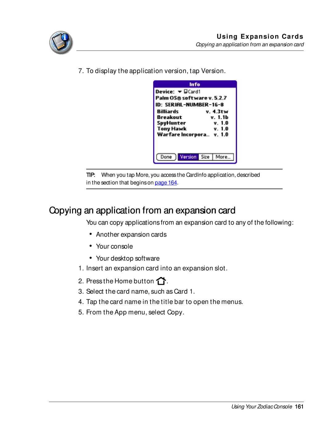 Palm Zodiac manual Copying an application from an expansion card 