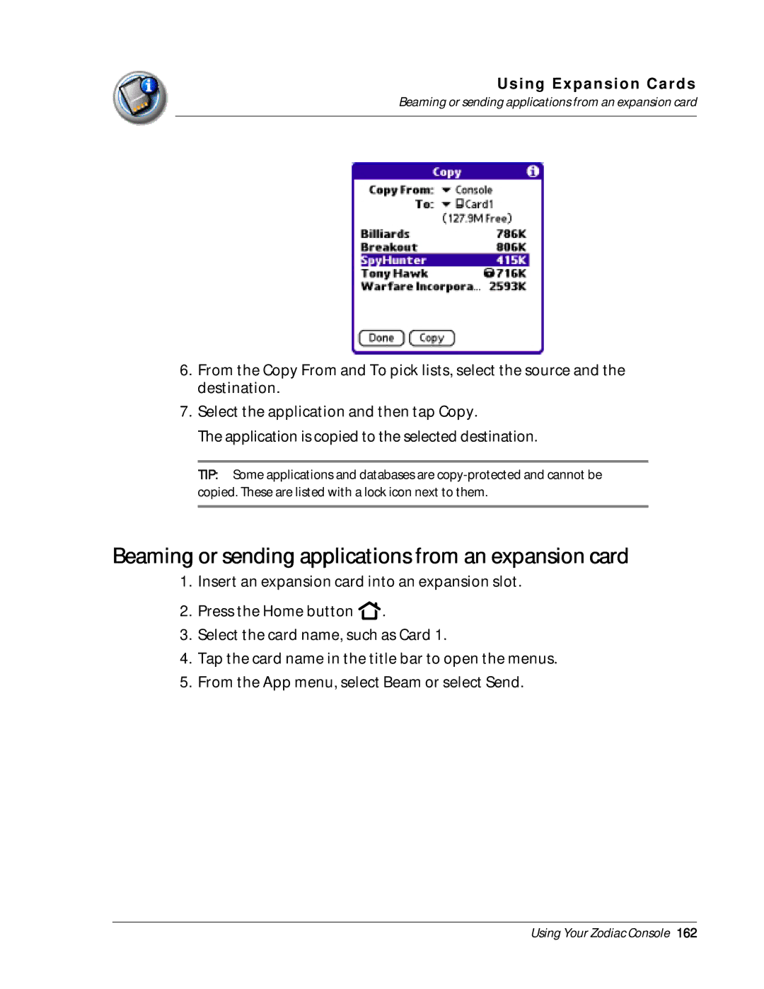 Palm Zodiac manual Beaming or sending applications from an expansion card 