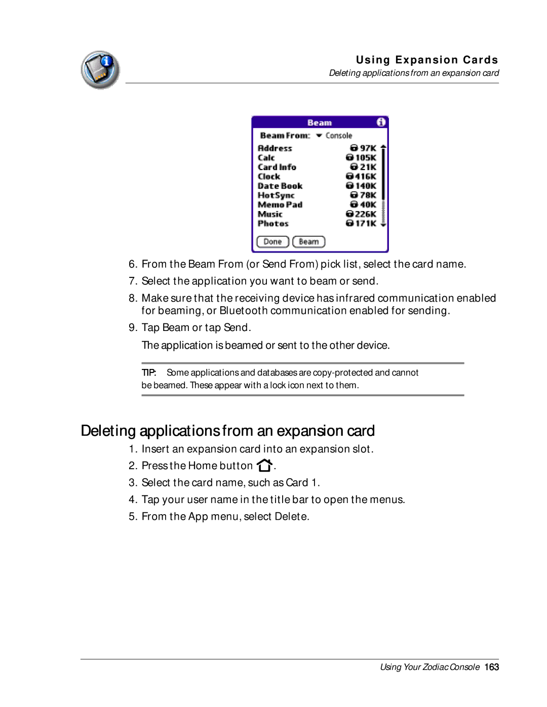 Palm Zodiac manual Deleting applications from an expansion card 