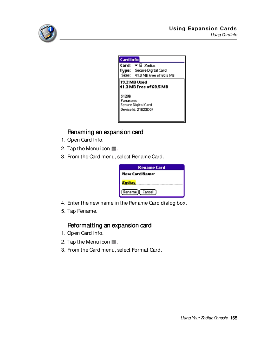 Palm Zodiac manual Renaming an expansion card, Reformatting an expansion card 