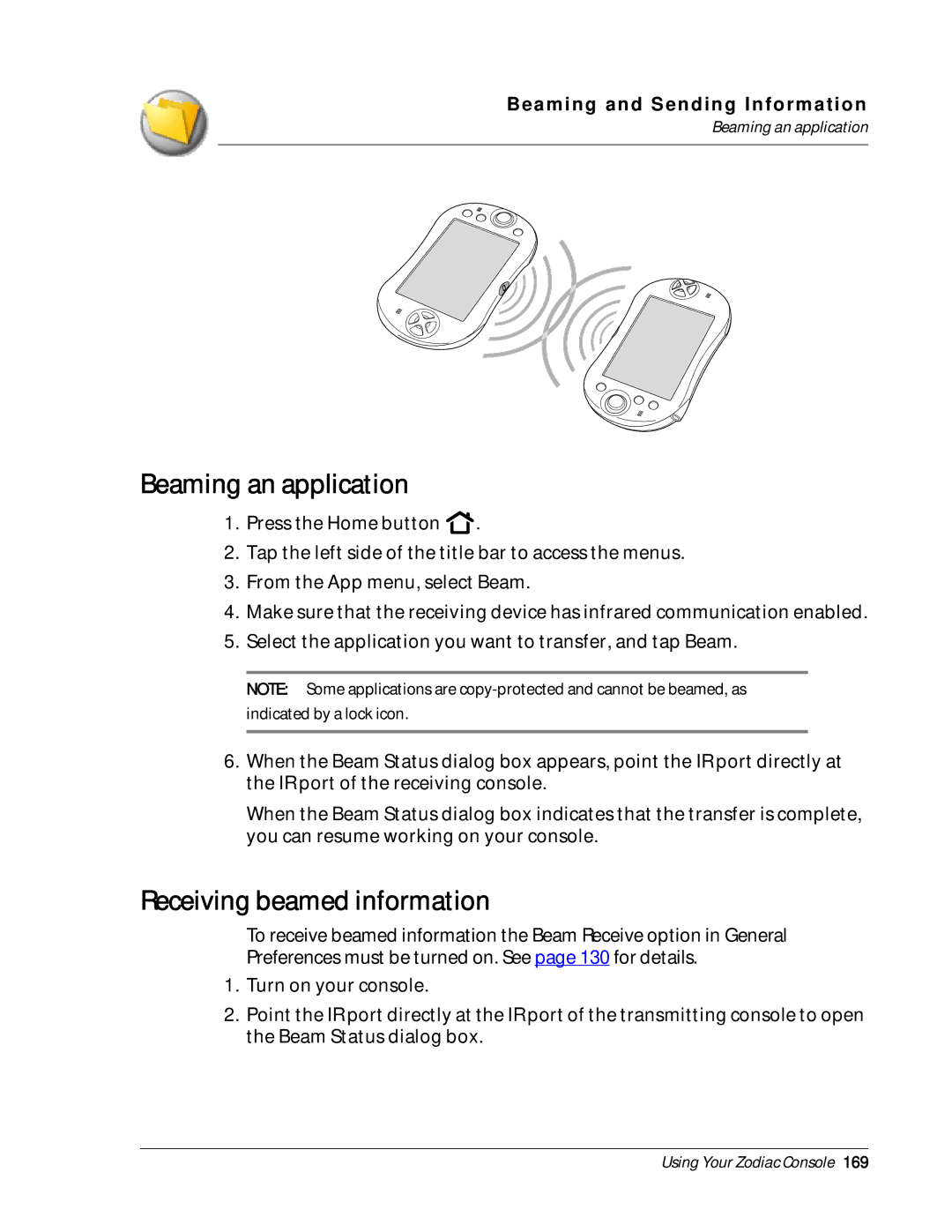 Palm Zodiac manual Beaming an application, Receiving beamed information 