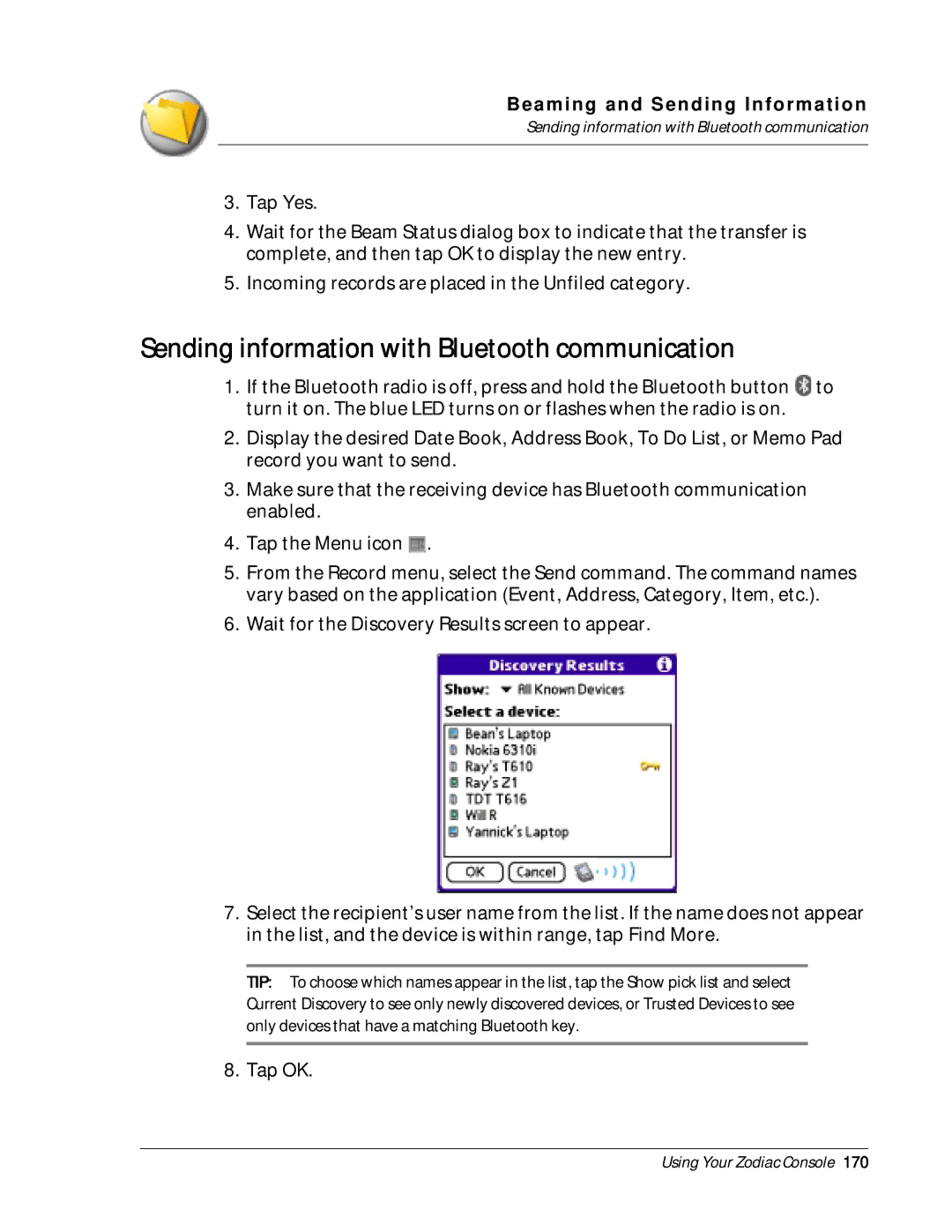 Palm Zodiac manual Sending information with Bluetooth communication 