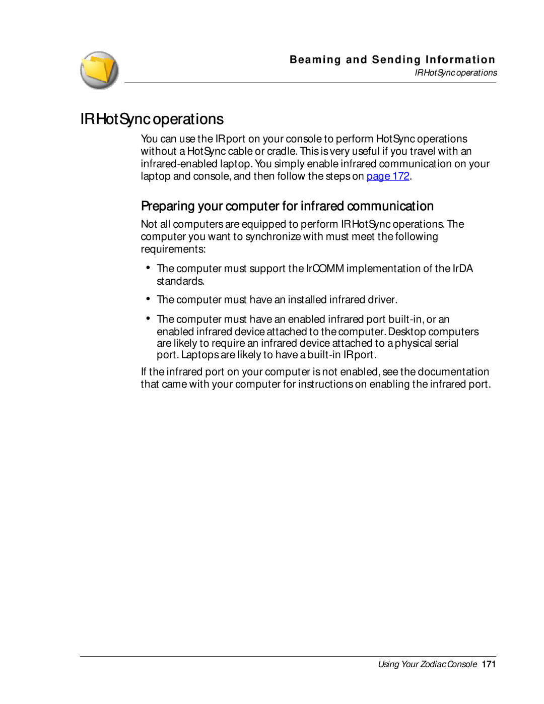 Palm Zodiac manual IR HotSync operations, Preparing your computer for infrared communication 