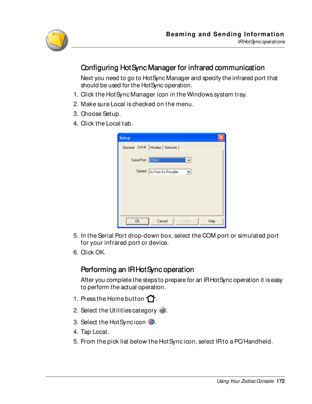 Palm Zodiac manual Performing an IR HotSync operation, Configuring HotSync Manager for infrared communication 