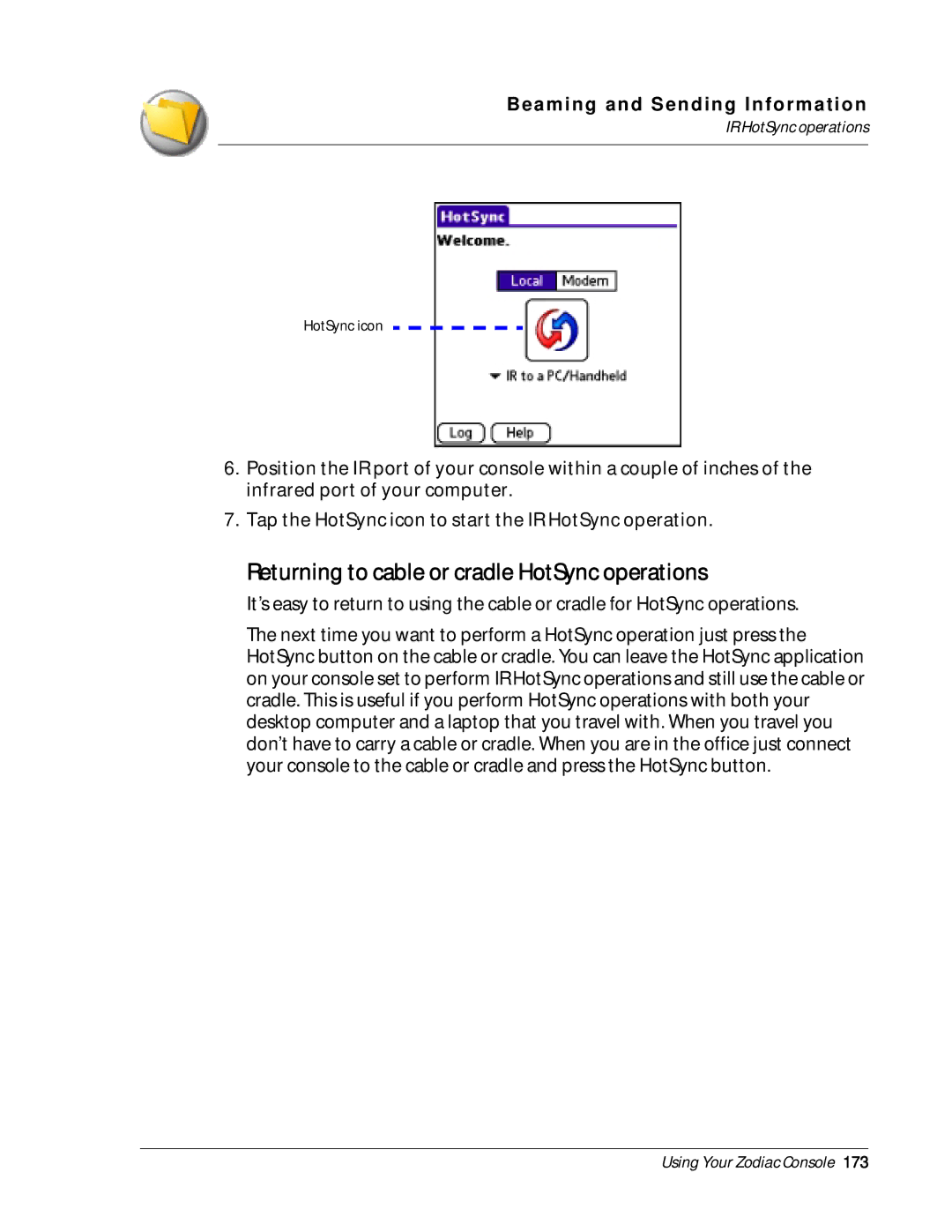 Palm Zodiac manual Returning to cable or cradle HotSync operations 