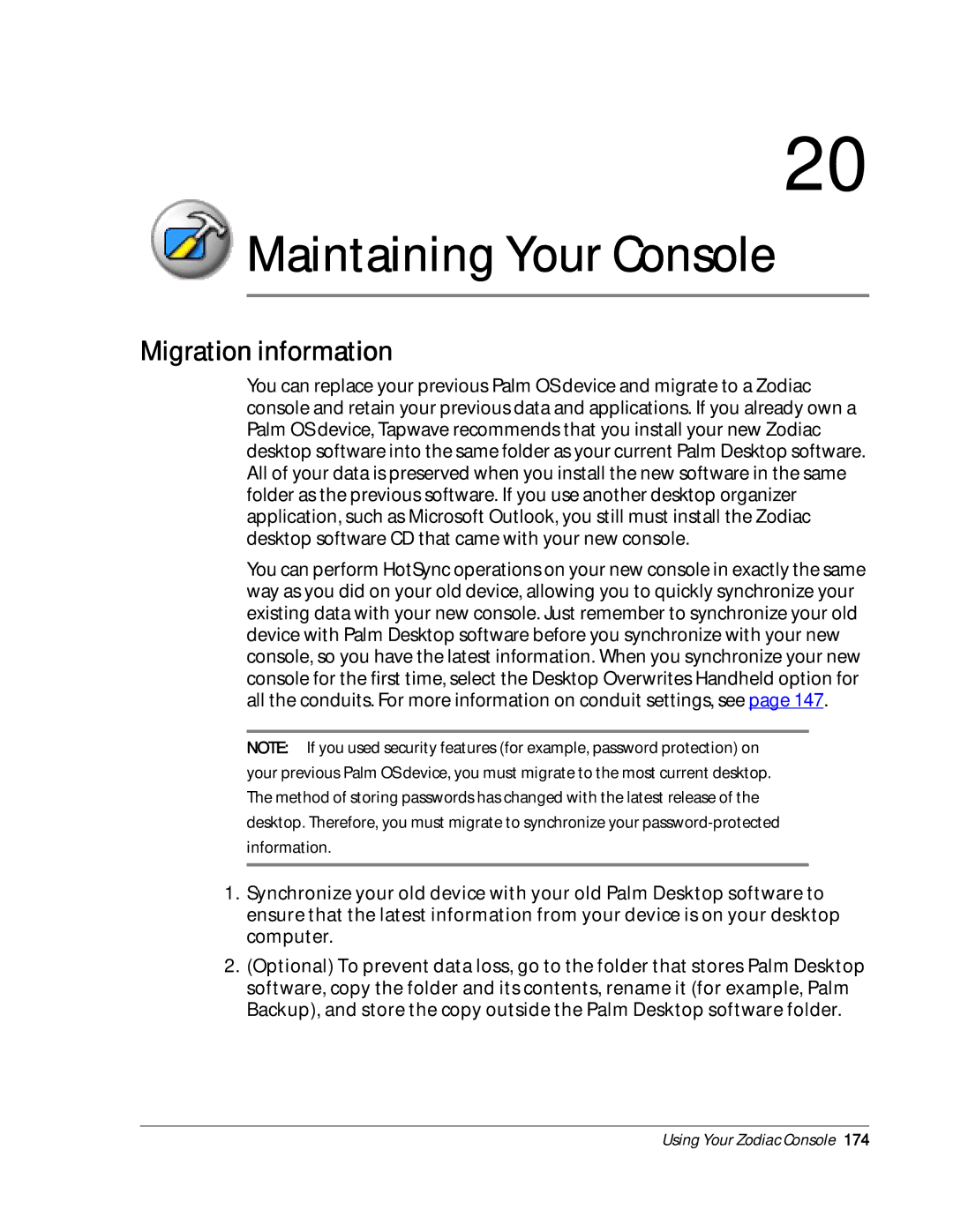 Palm Zodiac manual Maintaining Your Console, Migration information 